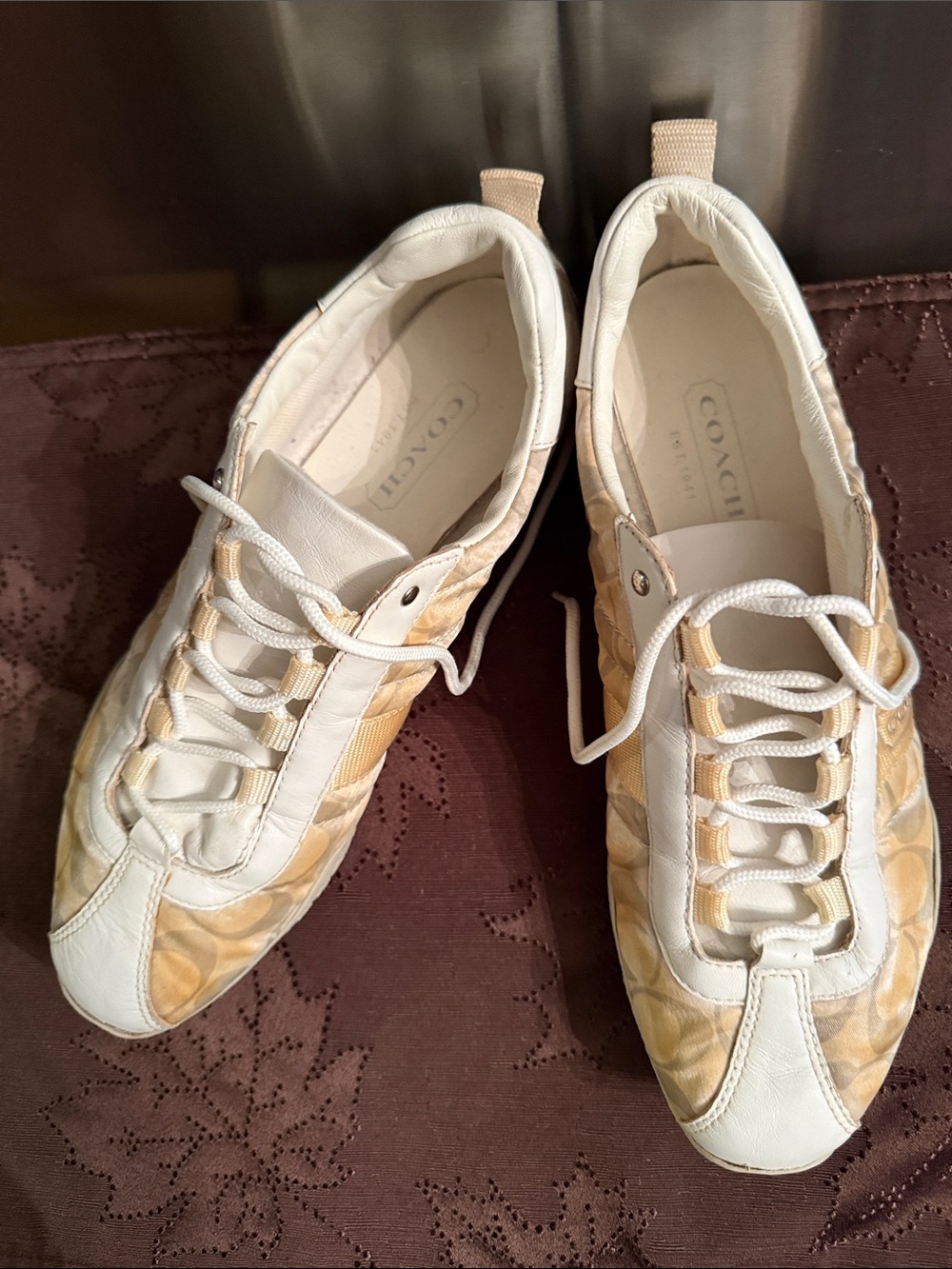 Coach Beige and White Signature Lace-Up Sneakers